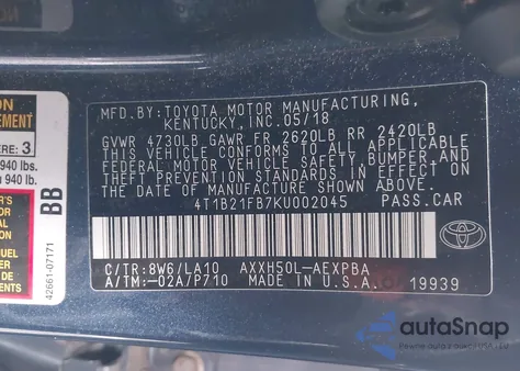 2019 Toyota Avalon Hybrid Limited from USA, damaged, VIN 4T1B21FB7KU002045